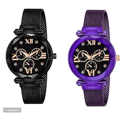 Unique Design Mina Black Dial Magnetic Black and Purple Mesh Belt Analog Watch For Women/Girls Pack Of 2-thumb0