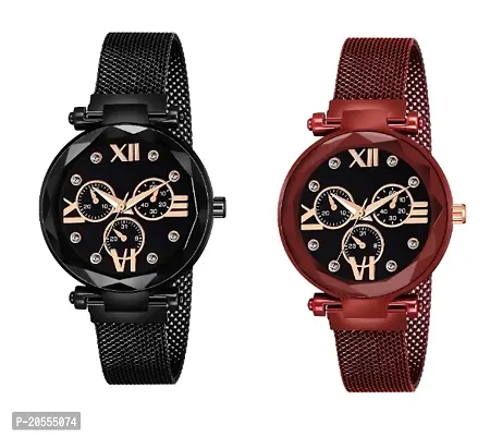 Unique Design Mina Black Dial Magnetic Black and Red Mesh Belt Analog Watch For Women/Girls Pack Of 2-thumb0
