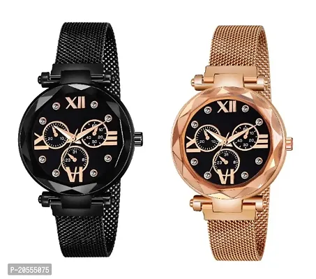 Unique Design Mina Black Dial Magnetic Black and Gold Mesh Belt Analog Watch For Women/Girls Pack Of 2-thumb0