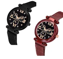 Unique Design Mina Black Dial Magnetic Black and Red Mesh Belt Analog Watch For Women/Girls Pack Of 2-thumb1
