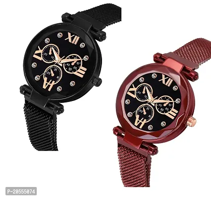 Unique Design Mina Black Dial Magnetic Black and Red Mesh Belt Analog Watch For Women/Girls Pack Of 2-thumb2