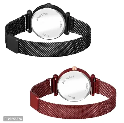 Unique Design Mina Black Dial Magnetic Black and Red Mesh Belt Analog Watch For Women/Girls Pack Of 2-thumb3