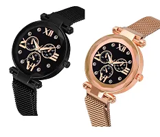 Unique Design Mina Black Dial Magnetic Black and Gold Mesh Belt Analog Watch For Women/Girls Pack Of 2-thumb1