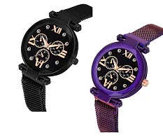 Unique Design Mina Black Dial Magnetic Black and Purple Mesh Belt Analog Watch For Women/Girls Pack Of 2-thumb3