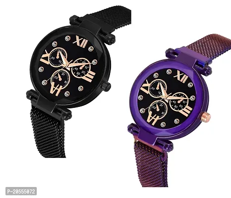 Unique Design Mina Black Dial Magnetic Black and Purple Mesh Belt Analog Watch For Women/Girls Pack Of 2-thumb4