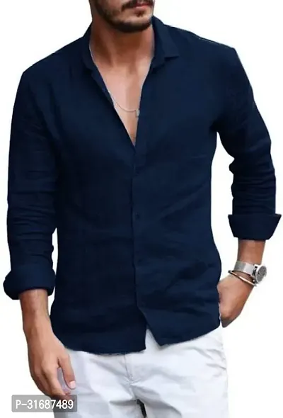 Elegant Navy Blue Cotton Blend Solid Long Sleeves Casual Shirts For Men-thumb0