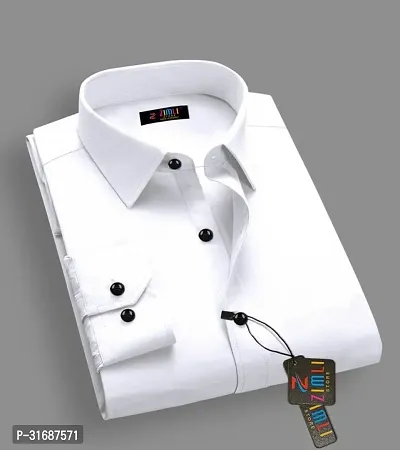 Elegant White Cotton Blend Solid Long Sleeves Casual Shirts For Men-thumb0