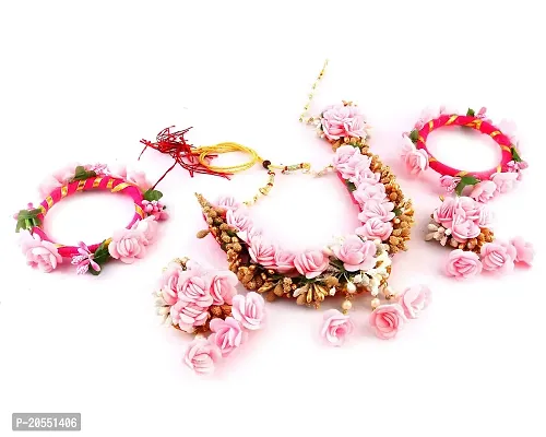 Craftsai Exports Flower Baby Pink Necklace Set with Maang Tika, Earrings, and kangan for Women and Girls (Mehandi/Haldi/Bridal/Baby Shower/Marriage) (BABY PINK RANI SET)