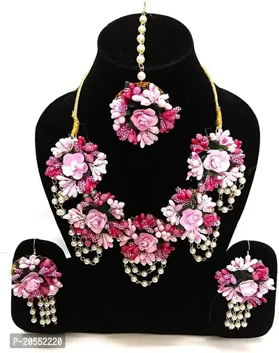 Craftsai Exports Flower Necklace Set with Maang Tika, Earrings, and Bracelet for Women and Girls (Mehandi/Haldi/Bridal/Baby Shower/Marriage) (PURPLE)-thumb3