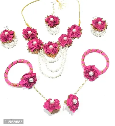 Craftsai Exports Flower Necklace Set with Maang Tika, Earrings and Bracelet for Women and Girls(Rani)