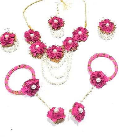 Craftsai Exports Flower Necklace Set with Maang Tika, Earrings and Bracelet for Women and Girls(Rani)