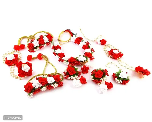 Craftsai Exports Flower Necklace Set with Maang Tika, Earrings, bajuband Nath and Bracelet for Women and Girls (Mehandi/Haldi/Bridal/Baby Shower/Marriage) (RED NATHSET)