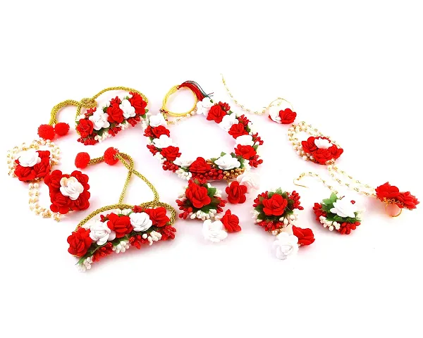 Craftsai Exports Flower Baby Necklace Set with Maang Tika, Earrings, Nath and Bracelet for Women and Girls (Mehandi/Haldi/Bridal/Baby Shower/Marriage)