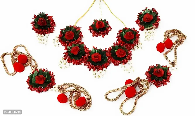 Craftsai Exports Flower Necklace Set with Maang Tika, Earrings and Bracelet for Women and Girls (Red)-thumb0