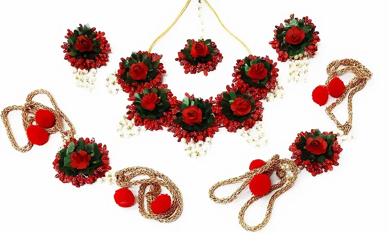 Craftsai Exports Flower Necklace Set with Maang Tika, Earrings and Bracelet for Women and Girls (Red)