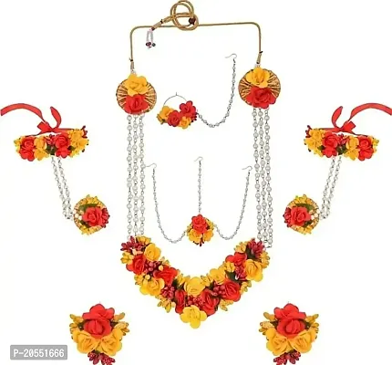 Craftsai Exports Flower Necklace Set with Maang Tika, Earrings and Bracelet with Nath for Women and Girls (RED YELLOW)