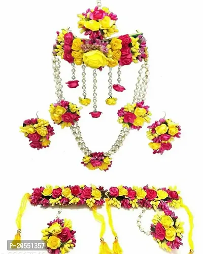 Craftsai Exports Flower Double Necklace Set with Maang Tika, Earrings, Nath and Bracelet for Women and Girls (Mehandi/Haldi/Bridal/Baby Shower/Marriage) (MULTICOLOR)