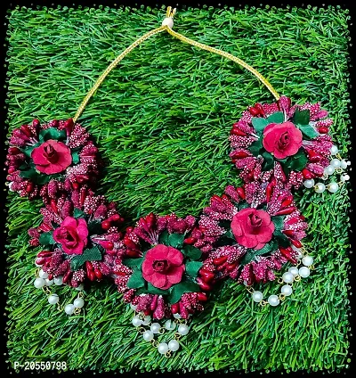 Craftsai Exports Flower Necklace Set with Maang Tika, Earrings and Bracelet for Women and Girls (Red)-thumb3