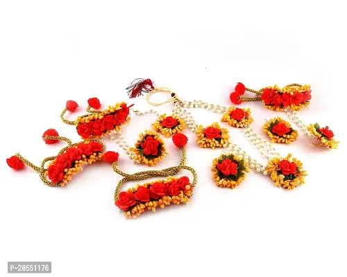 Craftsai Exports Flower Necklace Set with Maang Tika, Bajuband, Earrings and Bracelets with Ring for Women(Yellow And Red)-thumb0