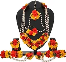 Craftsai Exports Flower Necklace Set with Maang Tika, Earrings and Bracelet with Nath for Women and Girls (RED YELLOW)-thumb1