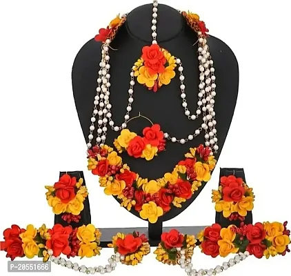 Craftsai Exports Flower Necklace Set with Maang Tika, Earrings and Bracelet with Nath for Women and Girls (RED YELLOW)-thumb2