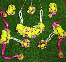 Craftsai Exports Flower Necklace Set with Maang Tika, Earrings and Bracelet for Women and Girls (Yellow and Pink)-thumb1