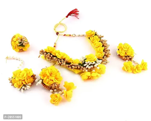 Craftsai Exports Flower Necklace Set with Maang Tika, Earrings, for Women and Girls (Mehandi/Haldi/Bridal/Baby Shower/Marriage) (YELLOW BANGLE)