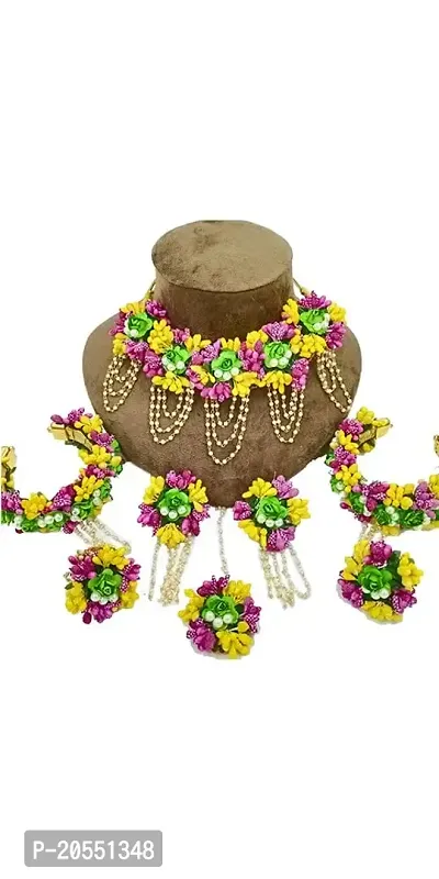 RKG HANDICRAFTS SA FLORAL Women's Artificial Flowers Jewellery Set [Floral Gota Patti Necklace, Earrings, Mang Tikka, Bracelet with Rings, Bridal Set in Pink, Yellow, Green]-thumb0