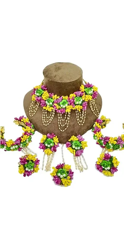 RKG HANDICRAFTS SA FLORAL Women's Artificial Flowers Jewellery Set [Floral Gota Patti Necklace, Earrings, Mang Tikka, Bracelet with Rings, Bridal Set in Pink, Yellow, Green]
