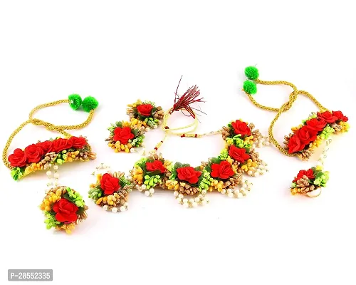 Craftsai Exports Flower Necklace Set with Maang Tika, Earrings and Bracelet for Women and Girls (Red and Green)-thumb0