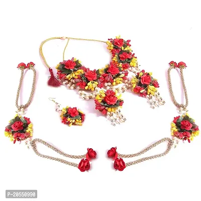 Craftsai Exports Flower Necklace Set with Maang Tika, Earrings, and Bracelet for Women and Girls (Mehandi/Haldi/Bridal/Baby Shower/Marriage) (YELLOW RED)