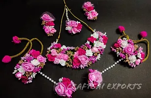 Craftsai Exports Flower Necklace Set with Maang Tika, Earrings, and Bracelet for Women and Girls (Mehandi/Haldi/Bridal/Baby Shower/Marriage) (PINK)-thumb1
