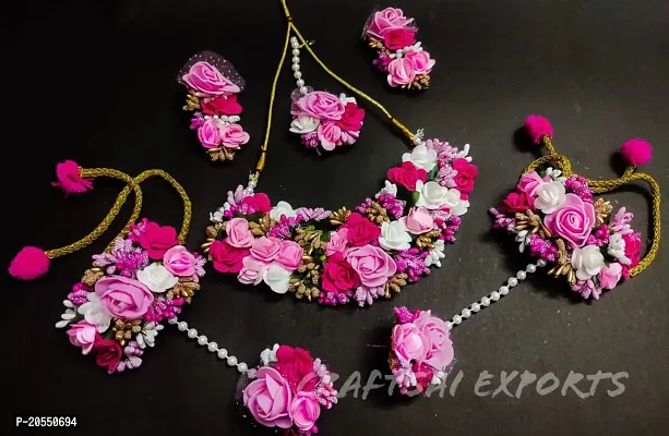 Craftsai Exports Flower Necklace Set with Maang Tika, Earrings, and Bracelet for Women and Girls (Mehandi/Haldi/Bridal/Baby Shower/Marriage) (PINK)-thumb2