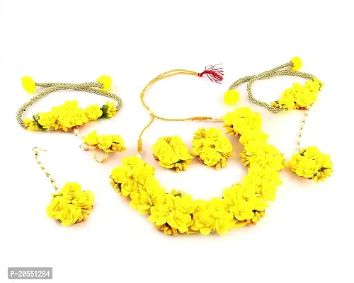 Craftsai Exports Flower Necklace Set with Maang Tika, Earrings and Bracelet for Women and Girls (Yellow)-thumb0