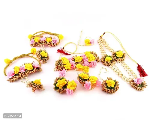 Craftsai Exports Flower Double Necklace Set with Maang Tika, Earrings, and Bracelet for Women and Girls (Mehandi/Haldi/Bridal/Baby Shower/Marriage) (DOUBLE SET GOLD)