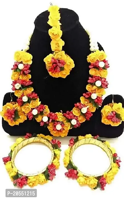 Craftsai Exports Flower Necklace Set with Maang Tika, Earrings, and Bracelet for Women and Girls (Mehandi/Haldi/Bridal/Baby Shower/Marriage)