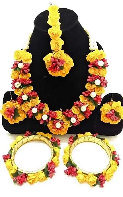 Craftsai Exports Flower Baby Necklace Set with Maang Tika, Earrings, Nath and Bracelet for Women and Girls (Mehandi/Haldi/Bridal/Baby Shower/Marriage)