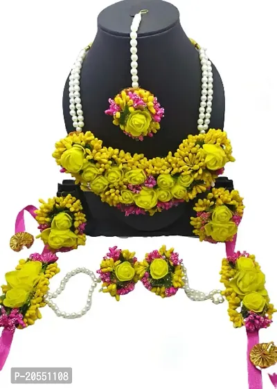 Craftsai Exports Flower Necklace Set with Maang Tika, Earrings and Bracelet for Women and Girls (Yellow and Pink)