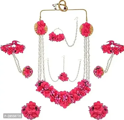 Craftsai Exports Flower Necklace Set with Maang Tika, Earrings and Bracelet with Nath for Women and Girls (PINK)-thumb0