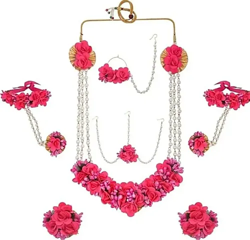 Craftsai Exports Flower Necklace Set with Maang Tika, Earrings and Bracelet with Nath for Women and Girls (Yellow and Pink)