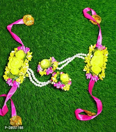 Craftsai Exports Flower Necklace Set with Maang Tika, Earrings and Bracelet for Women and Girls (Yellow and Pink)-thumb5