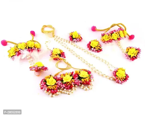 Craftsai Exports Flower Yellow white Double Necklace Set with Maang Tika, Earrings and Bracelet for Women and Girls (Mehandi/Haldi /Bridal/Baby Shower/Marriage)