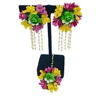 RKG HANDICRAFTS SA FLORAL Women's Artificial Flowers Jewellery Set [Floral Gota Patti Necklace, Earrings, Mang Tikka, Bracelet with Rings, Bridal Set in Pink, Yellow, Green]-thumb2