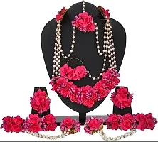 Craftsai Exports Flower Necklace Set with Maang Tika, Earrings and Bracelet with Nath for Women and Girls (PINK)-thumb1