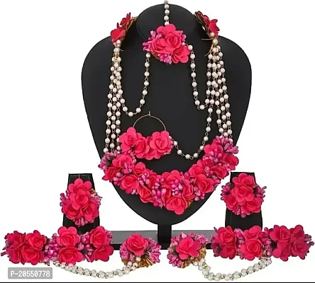 Craftsai Exports Flower Necklace Set with Maang Tika, Earrings and Bracelet with Nath for Women and Girls (PINK)-thumb2