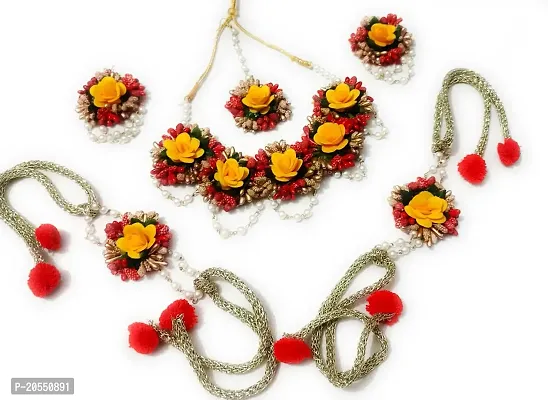 Craftsai Exports Flower Necklace Set with Maang Tika, Earrings and Bracelet for Women and Girls (Yellow and Red )