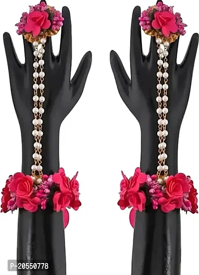 Craftsai Exports Flower Necklace Set with Maang Tika, Earrings and Bracelet with Nath for Women and Girls (PINK)-thumb3