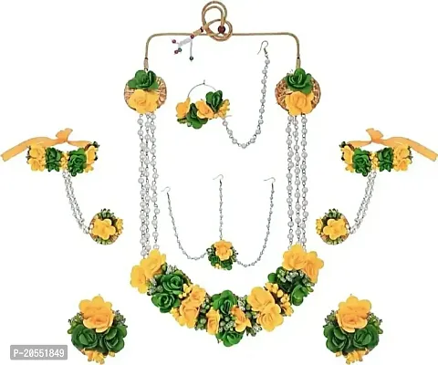 Craftsai Exports Flower Necklace Set with Maang Tika, Earrings and Bracelet with Nath for Women and Girls (GREEN YELLOW)-thumb0