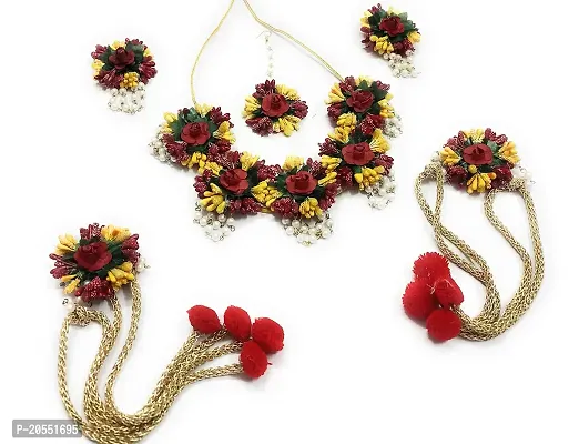 Craftsai Exports Flower Necklace Set with Maang Tika, Earrings and Bracelet for Women and Girls (Yellow and Red ) (RED YELLOW)