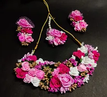 Craftsai Exports Flower Necklace Set with Maang Tika, Earrings, and Bracelet for Women and Girls (Mehandi/Haldi/Bridal/Baby Shower/Marriage) (PINK)-thumb2